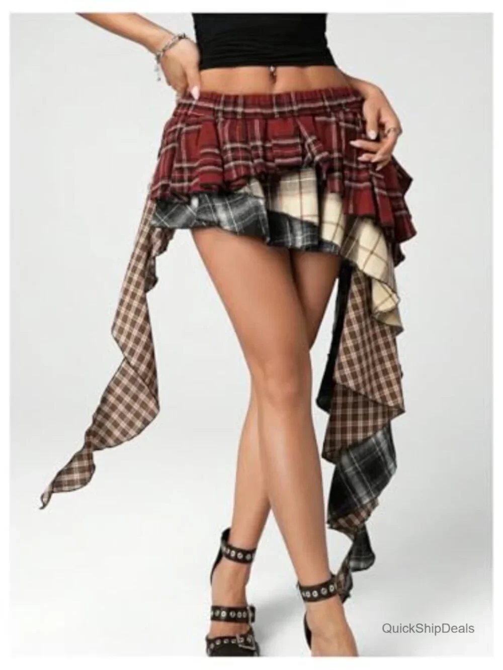 Women's Plaid Ruffle Mini Skirt Y2K Layered Asymmetrical Skorts